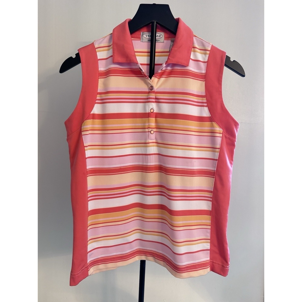 Tehama Coastal Striped Sleeveless Golf‎ Polo Top Pink Peach Small
